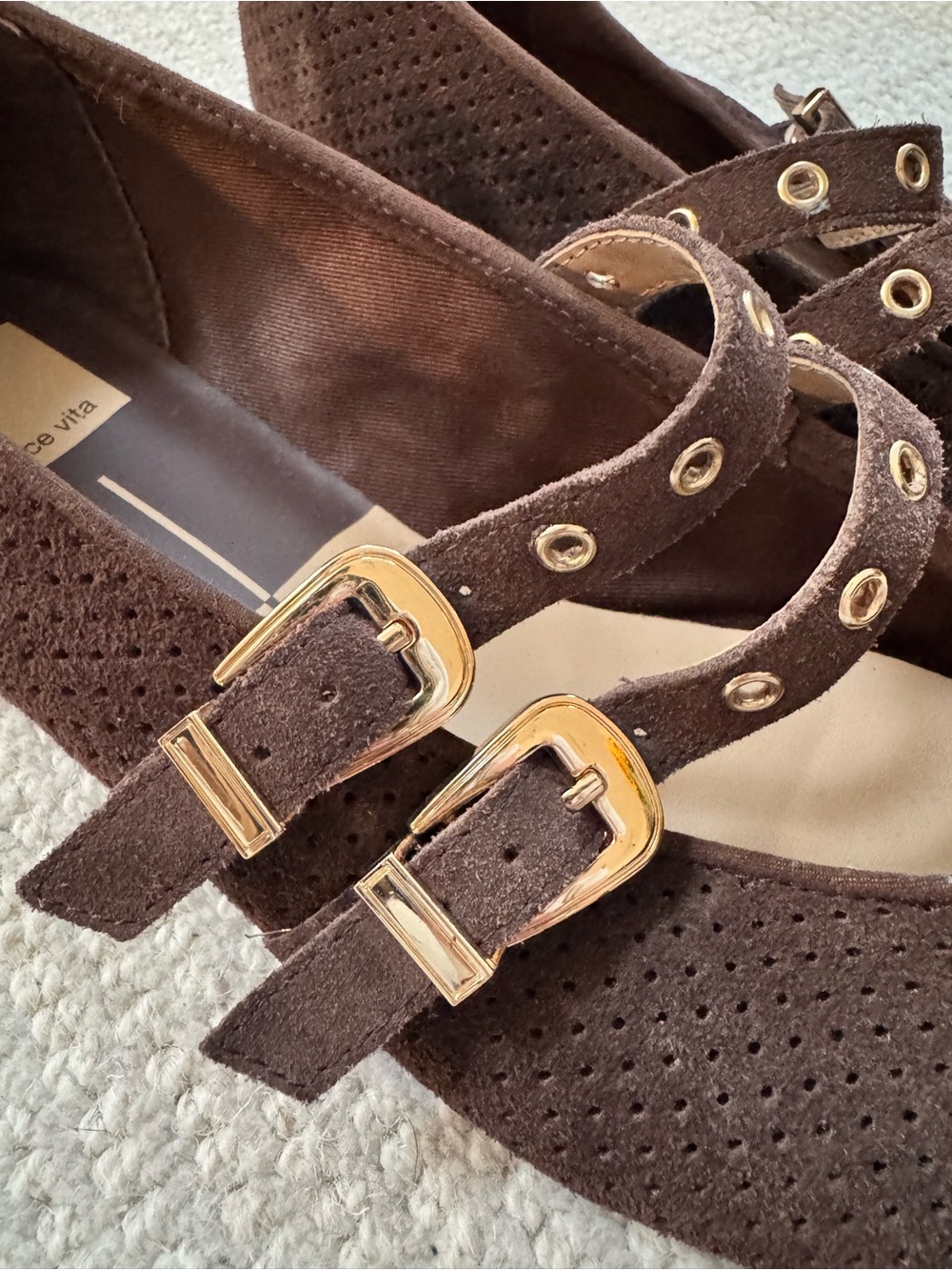 Dolce Vita Dark Brown Suede Double-Buckle Flats with Gold Hardware - Picture 2 of 4